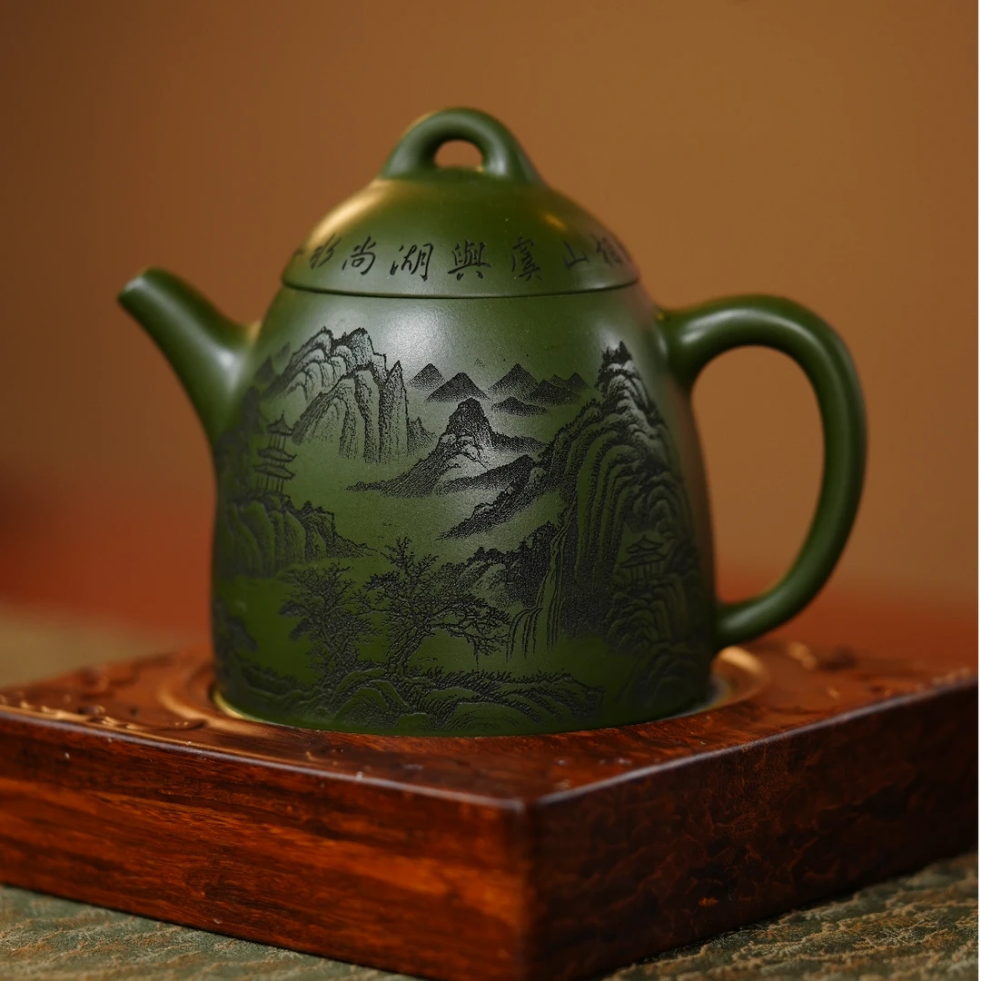 【秦权壶】宜兴原矿紫砂景舟绿大容量秦权壶刻山水家用紫砂壶