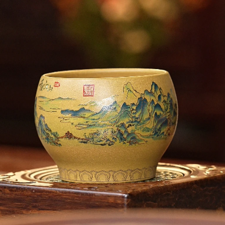 【1024千里江山主人杯】宜兴原矿紫砂大号手工手绘紫砂杯描金大容量