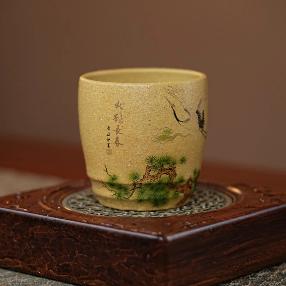 【6027本山绿仙鹤长春】宜兴原矿紫砂本山绿泥手绘仙鹤长春主人杯