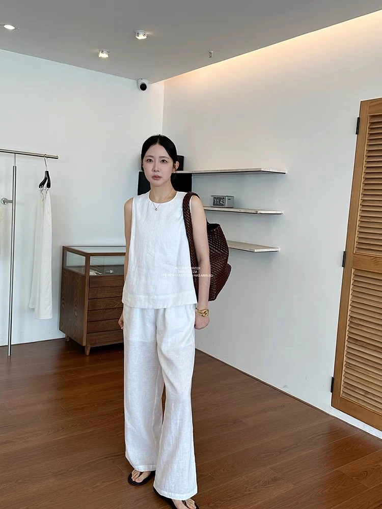 widelia2024SS松弛感亚麻套装舒适宽松显瘦背心+休闲裤两件套8303