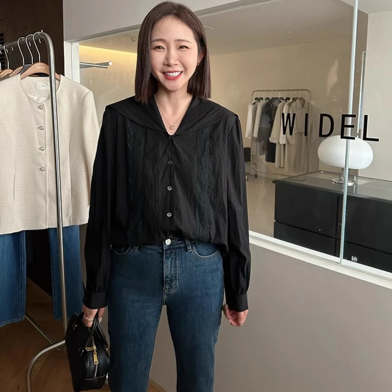 widelia2023FW 韩系减龄拼接蕾丝海军领长袖衬衫黑色上衣女901823
