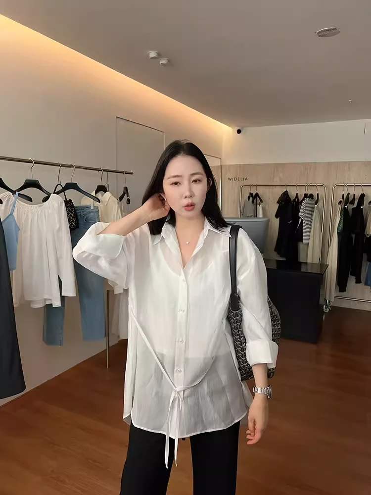 widelia2024夏季小众亲肤轻薄纱感衬衣百搭宽松高级绑带衬衫