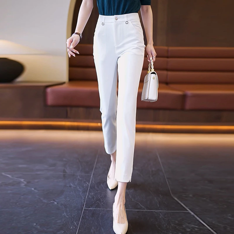 直筒烟管裤女2024年春新款九分高腰百搭休闲显瘦弹力休闲裤子女