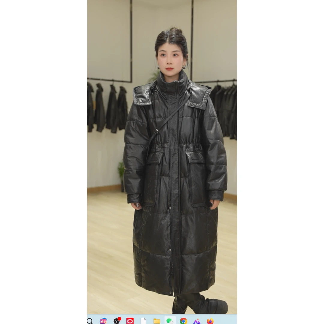 【点燃冬日】免洗头层油蜡牛皮女装保暖外套冬季女装长款连帽3570