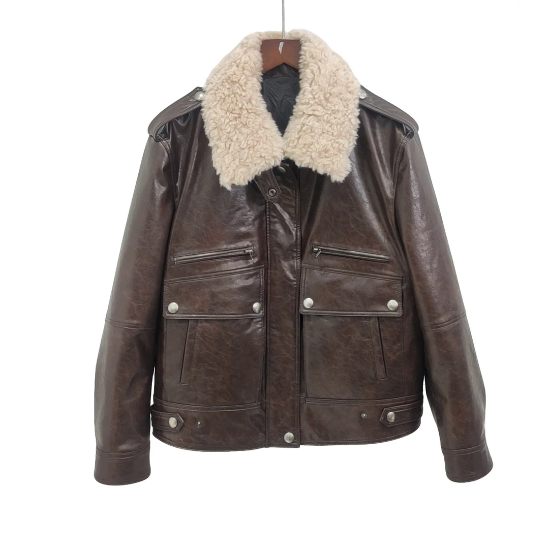 梅哥【6622】冬季新款-羊毛领复古机车服真皮皮衣短款款外套