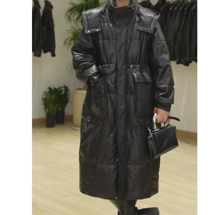 潇【3570点燃冬日】免洗头层油蜡牛皮女装保暖外套冬季女装长款连帽