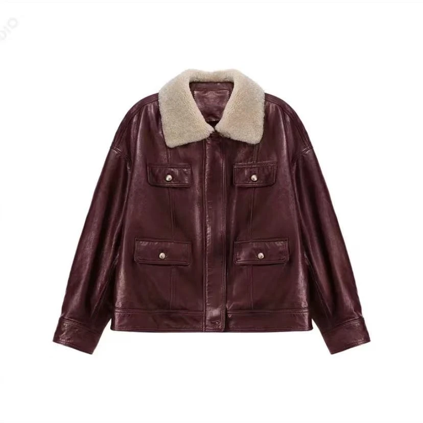 梅哥 酷感时髦帅气羊毛领牛皮复古飞行夹克冬季女装外套【9367】