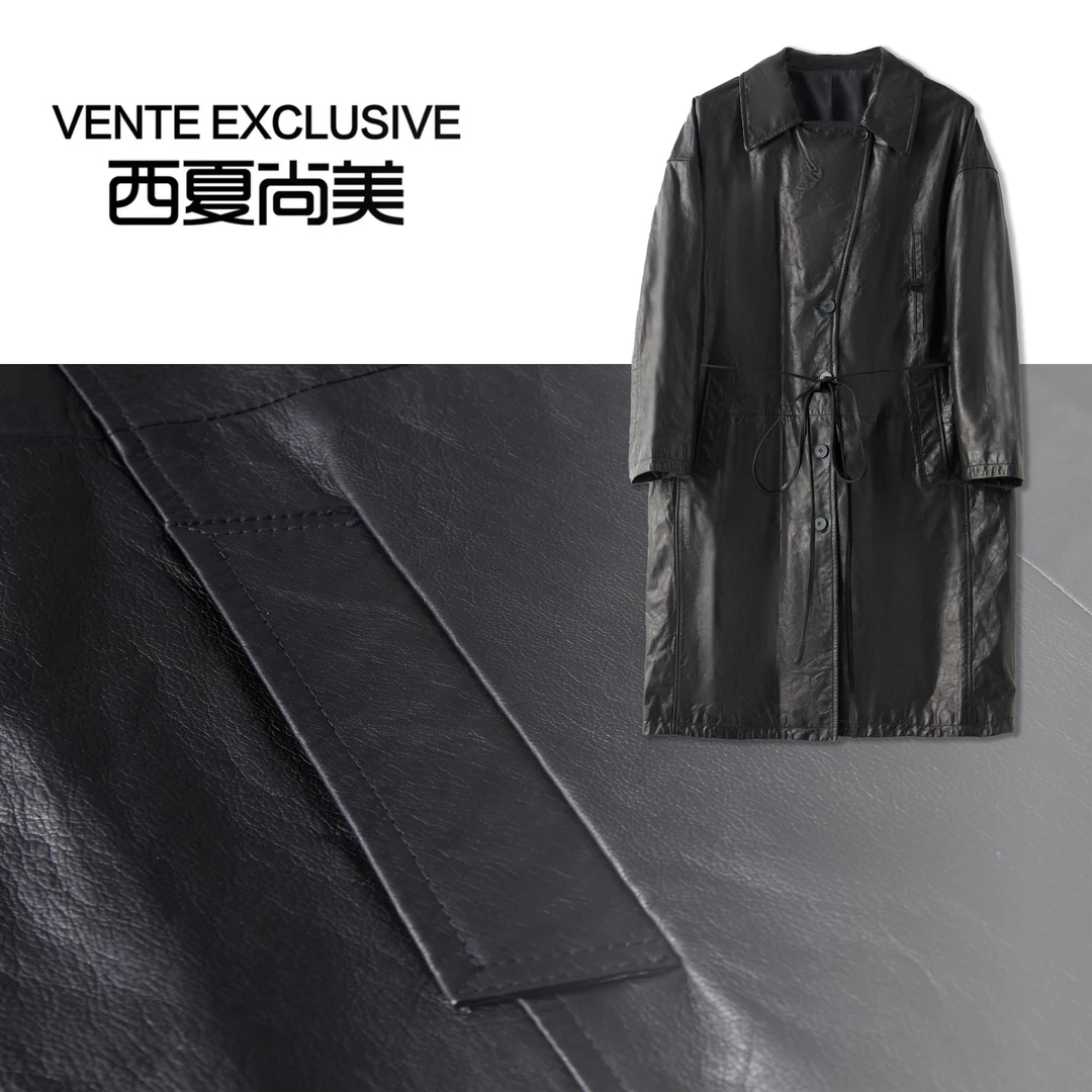 【西夏尚美】复古头层油腊牛皮小众设计长款女士设计感风衣外套2410