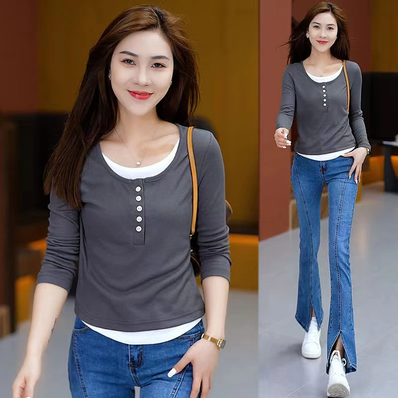 秋新款假两件拼接设计款纽扣长袖上衣女 洋气时尚百搭修身显瘦t恤