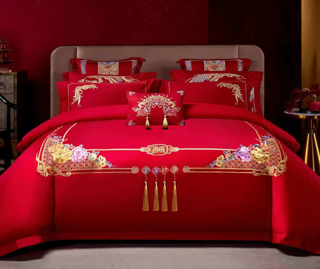 花嫁喜铺【吉祥如意-金色】结婚床上用品婚庆刺绣四件套加厚大红色