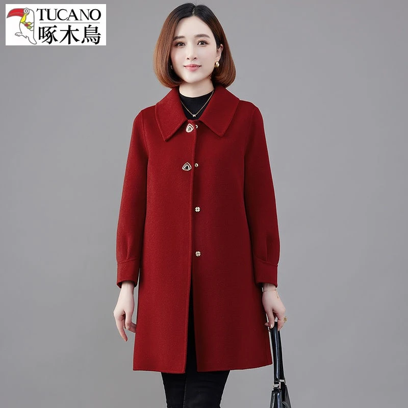 啄木鸟双面羊毛大衣女中长款高端大码秋冬时尚宽松双面呢时尚外套