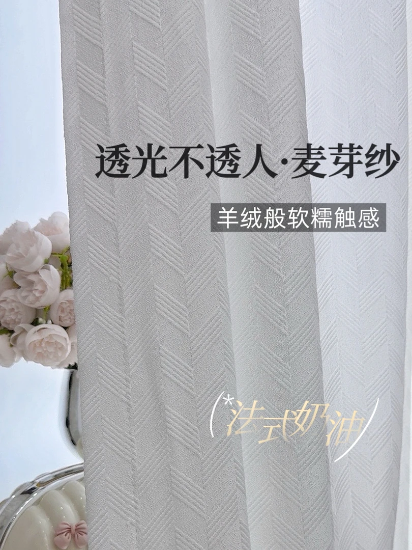 新款奶油风法式仿羊绒麦芽纱透光不透人卧室客厅阳台窗纱