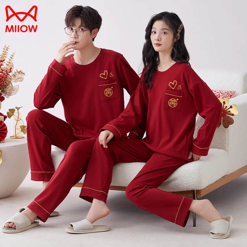 猫人纯棉大红色睡衣结婚新婚情侣套装新款秋冬蛇年本命年家居服