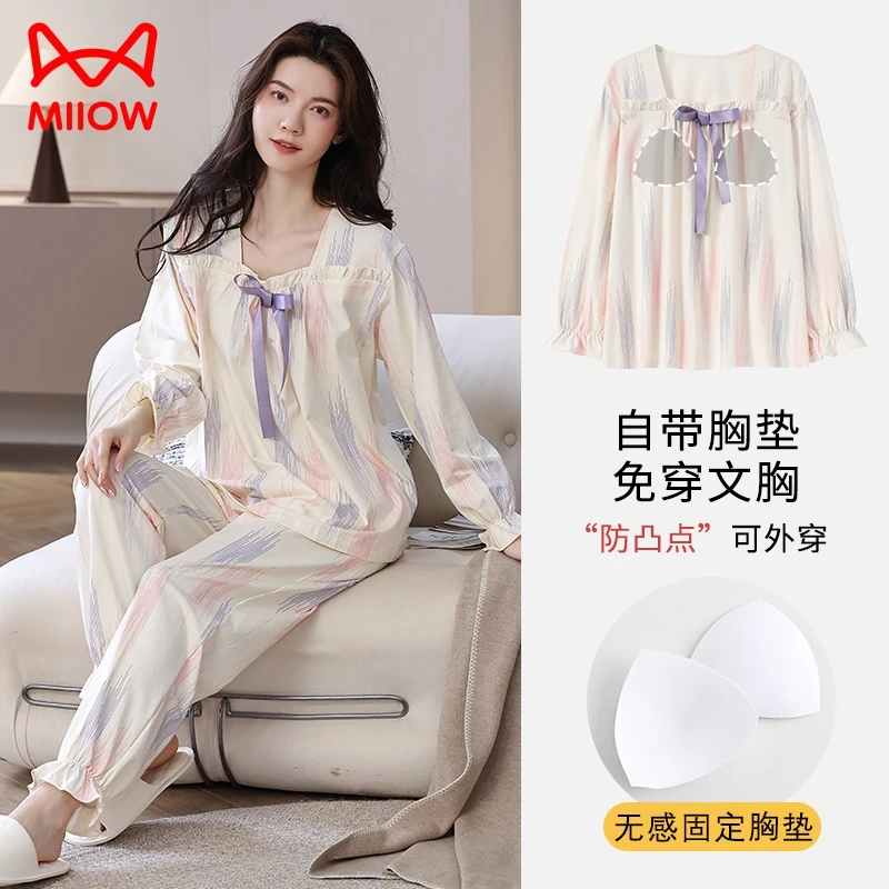 雅丹风猫人女纯棉套头睡衣带胸垫款轻薄大码宽松舒适亲肤抑菌睡衣