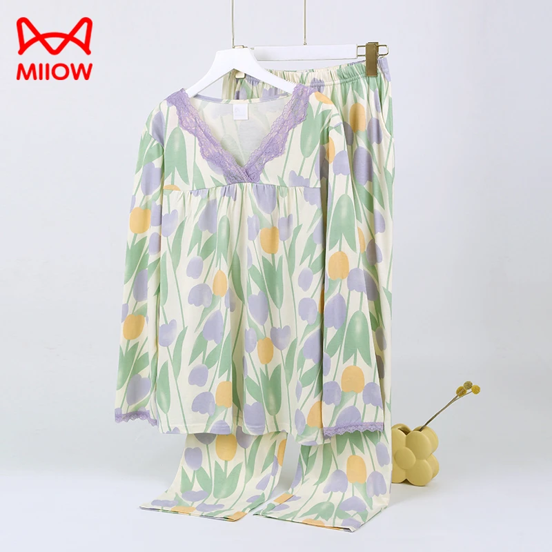 MiiOW/猫人睡衣女夏天薄款A类纯棉碎花短袖V领蕾丝宽松家居服套装