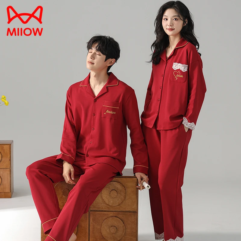 猫人100%棉结婚睡衣情侣秋冬款纯棉长袖新婚新人红色家居服套装