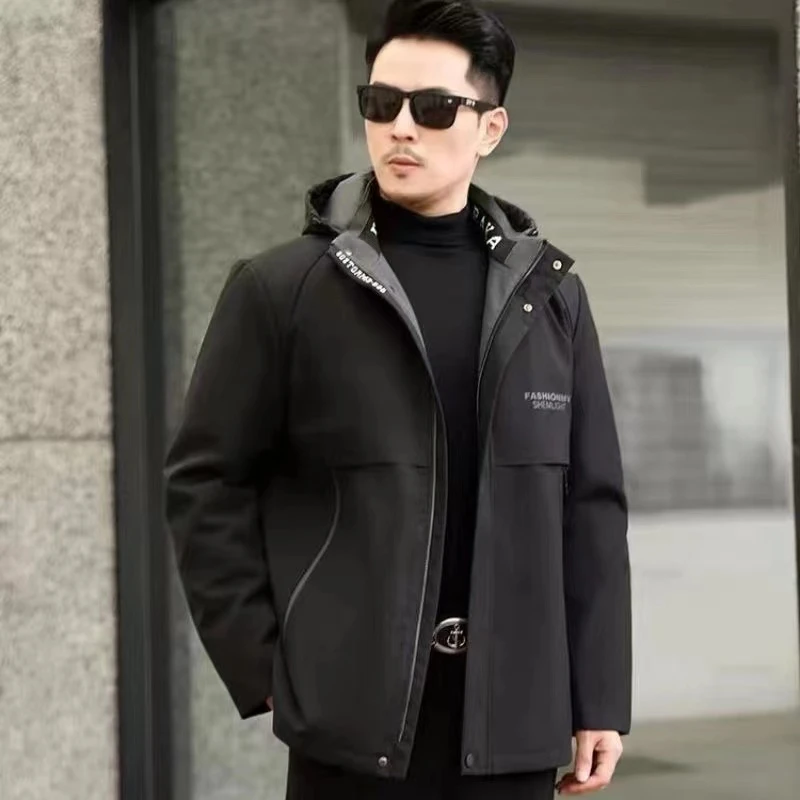 2023男士派克服短款帽子内胆可拆卸保暖加厚秋冬修身皮毛一体防风