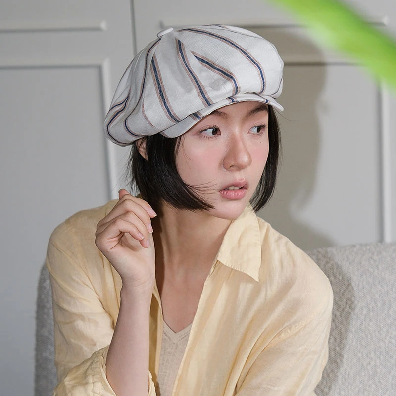 JOJOKUR异域风情波西米亚风条纹麻料薄款防晒显脸小八角报童帽