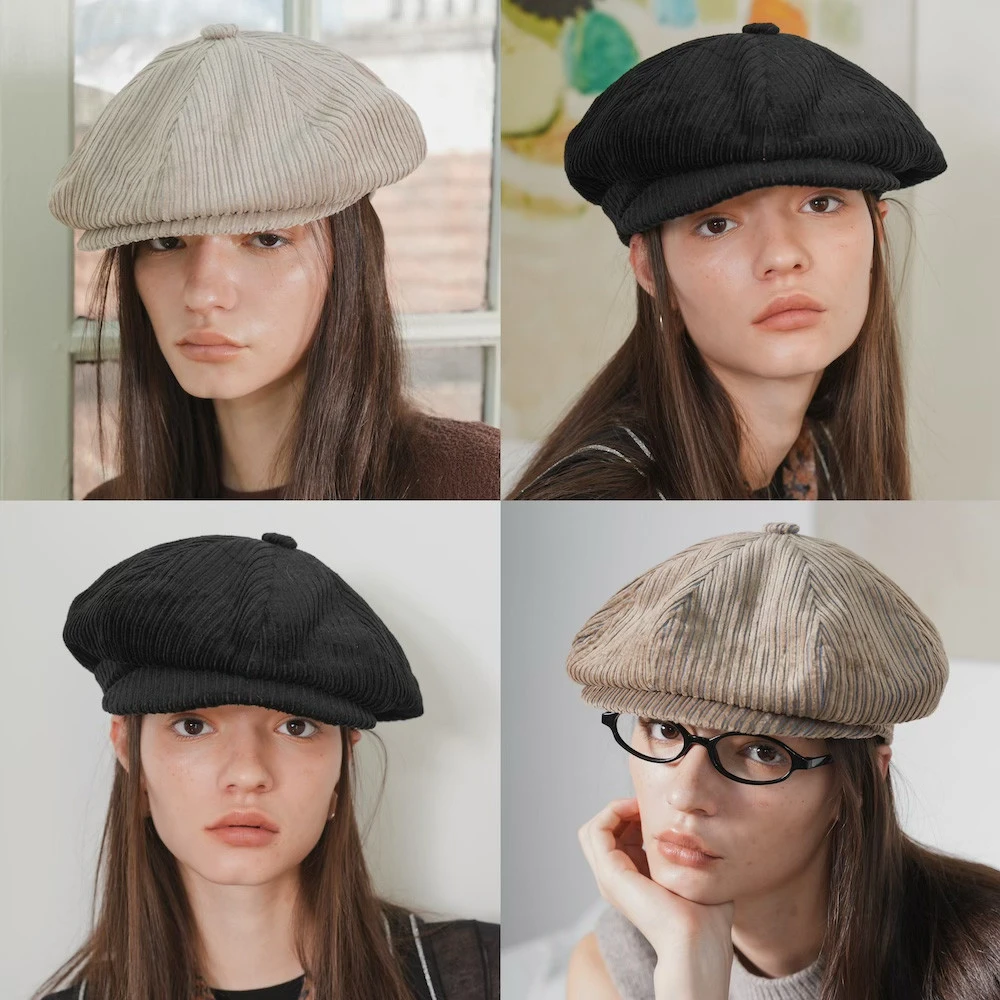 JOJOKUR中古知识分子风灯芯绒条纹复古报童帽男女同款保暖贝雷帽