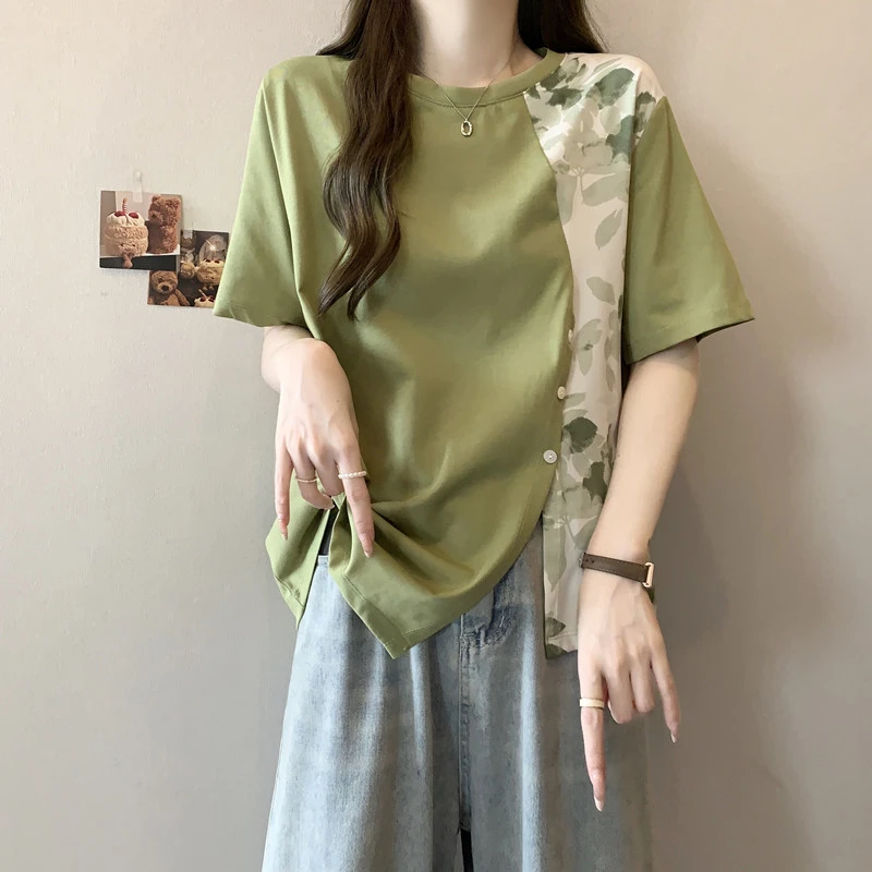 新中式国风提花正肩短袖t恤女夏装大码胖mm遮肚子显瘦不规则上衣