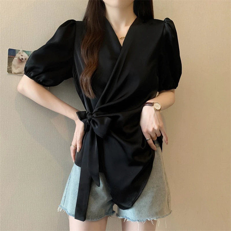 法式v领泡泡袖衬衫女夏装大码胖mm遮肚子显瘦不规则系带收腰上衣