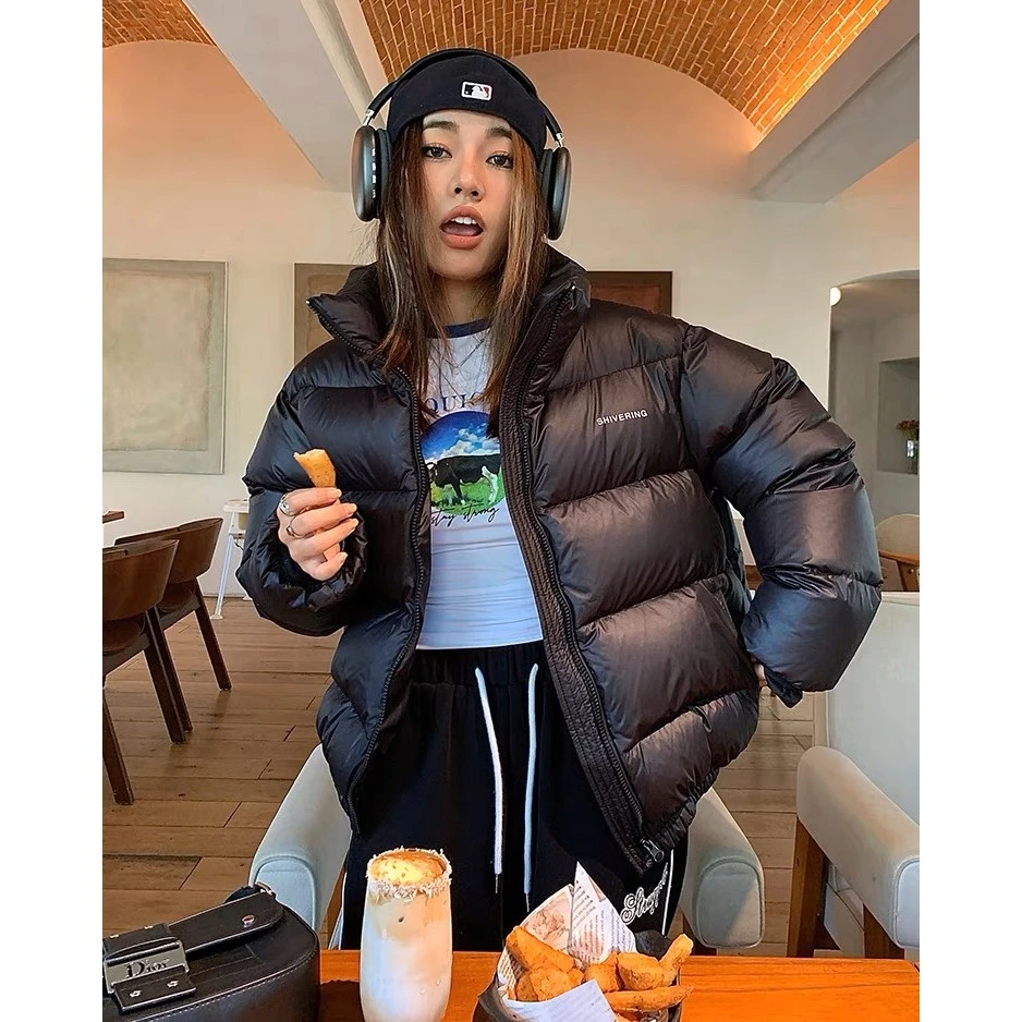 美式肯豆短款立领羽绒服女2023新款白鸭绒加厚面包服复古冬外套