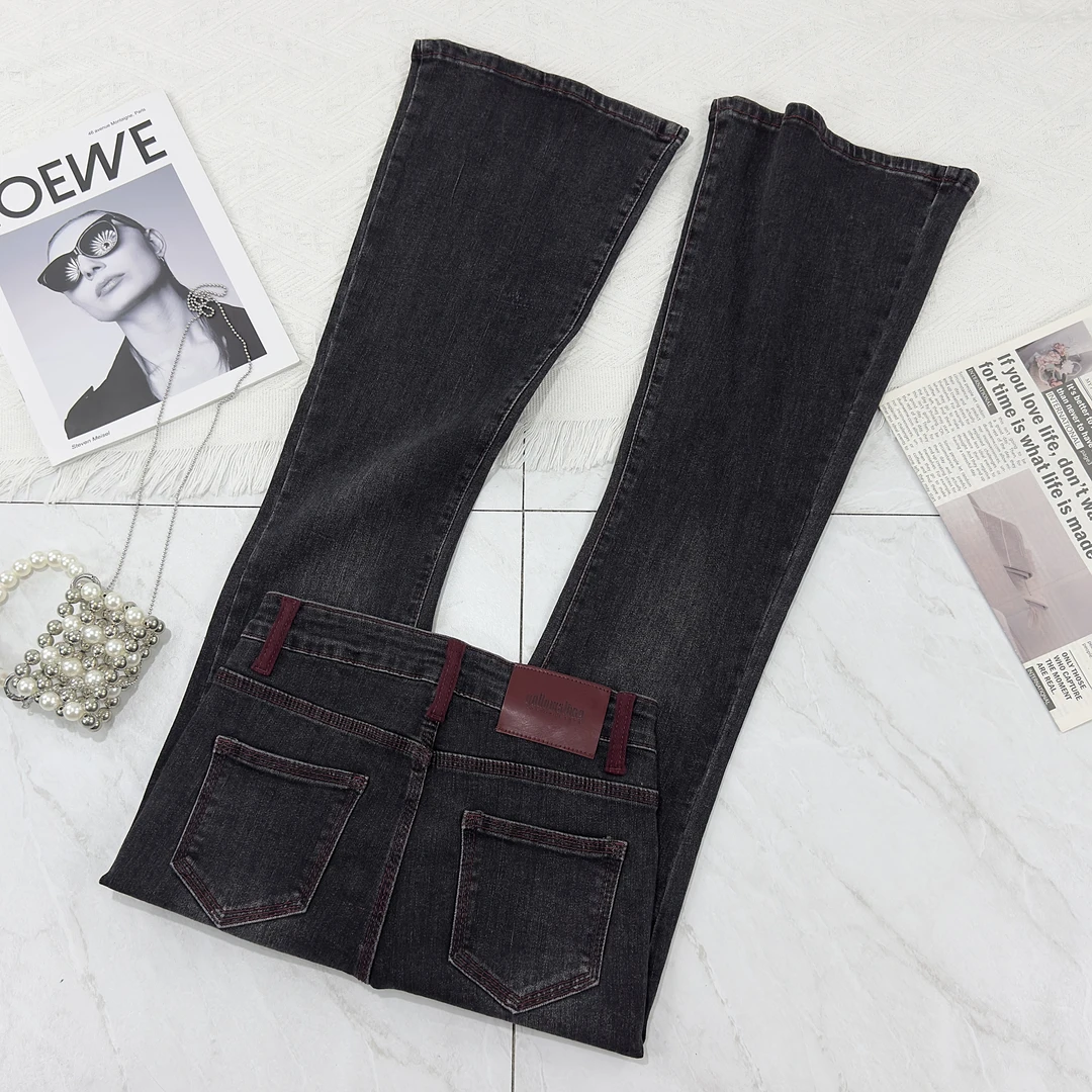黑灰色牛仔喇叭裤女小个子2024秋冬新款高腰显瘦弹力九分微喇叭裤
