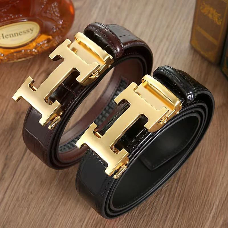 男士皮带热高档时尚百搭商务腰带潮流年轻人简约鳄鱼纹自动扣皮带