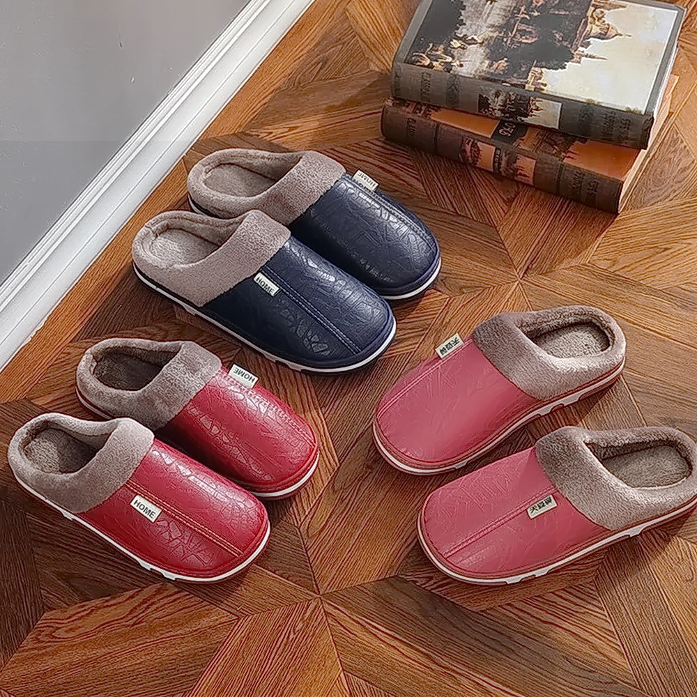 加厚棉拖鞋女冬季新款外穿包头室内家居厚底毛毛绒月子鞋情侣皮面