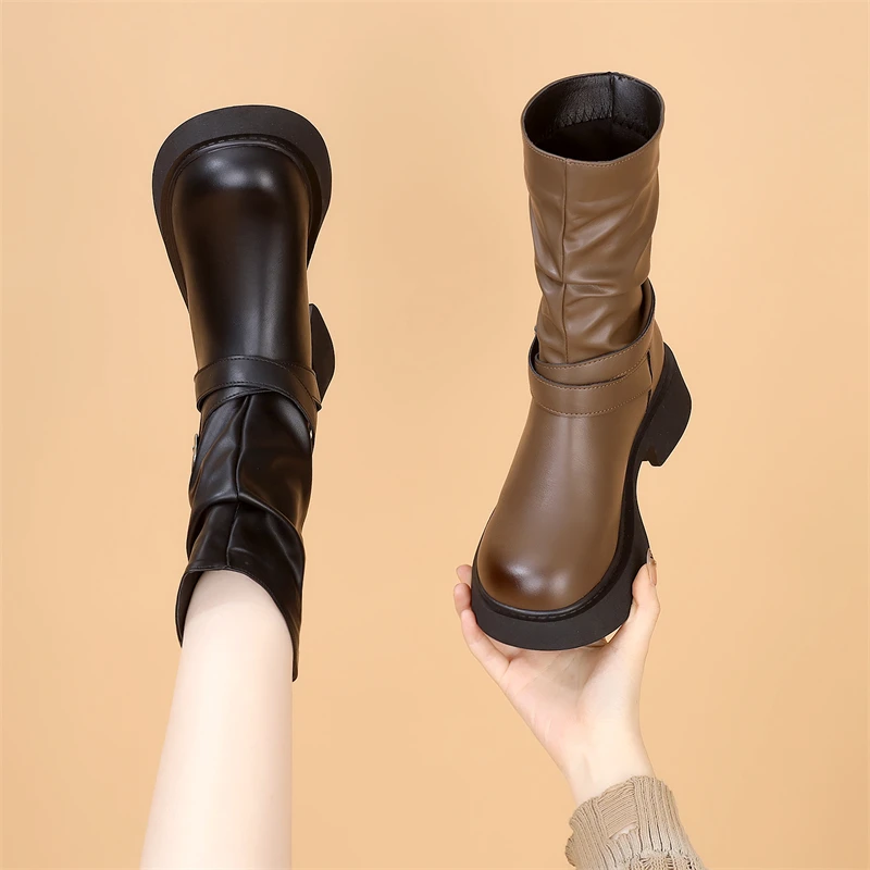 复古美式中筒厚底烟筒靴女2025秋冬新款超火加绒软底瘦瘦靴小码34