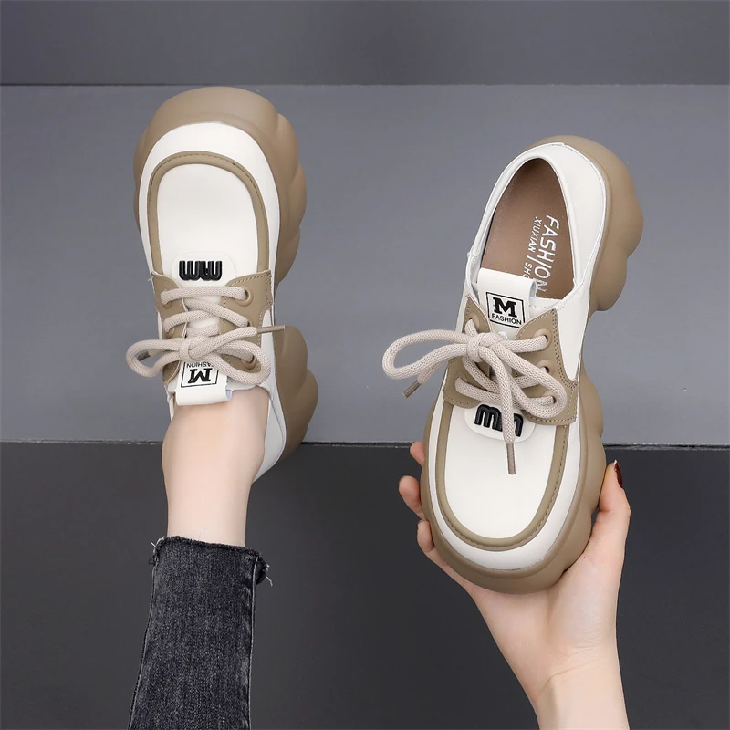 网红时尚爆款厚底乐福鞋女2025春季新款系带两穿软面增高显瘦透气