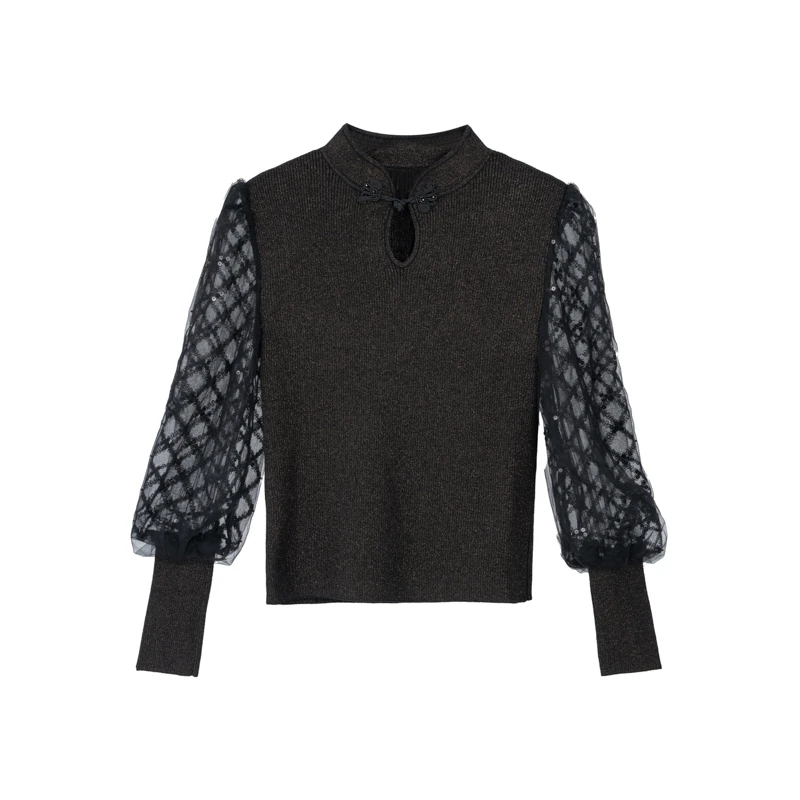 【李易行】她翼春季镂空盘扣泡泡袖针织衫上衣CW2241333788S