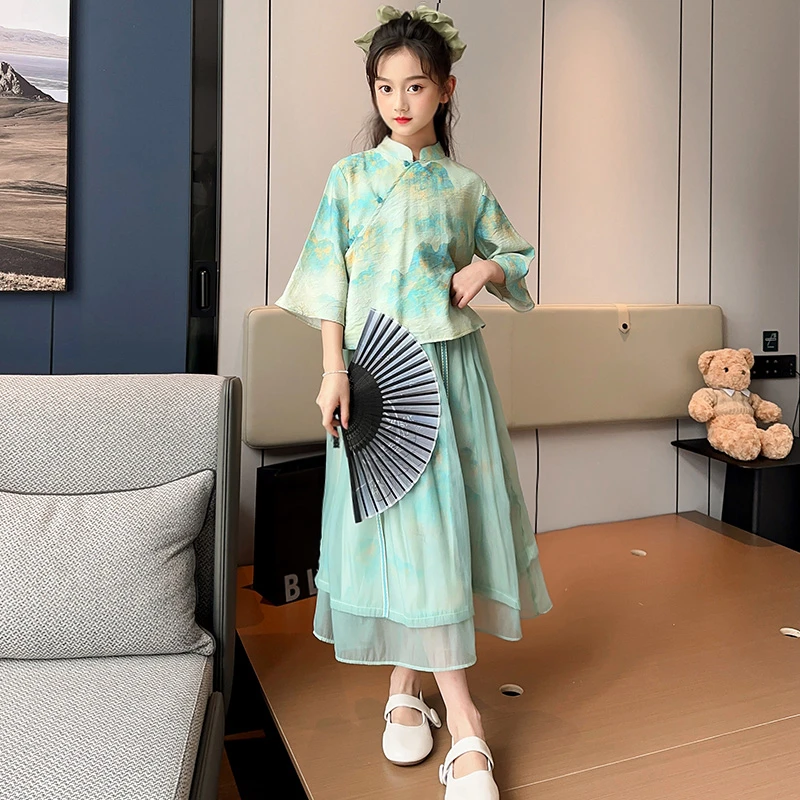 女童半身裙汉服复古唐装中式中国风套装气质古风文艺民国风两件套