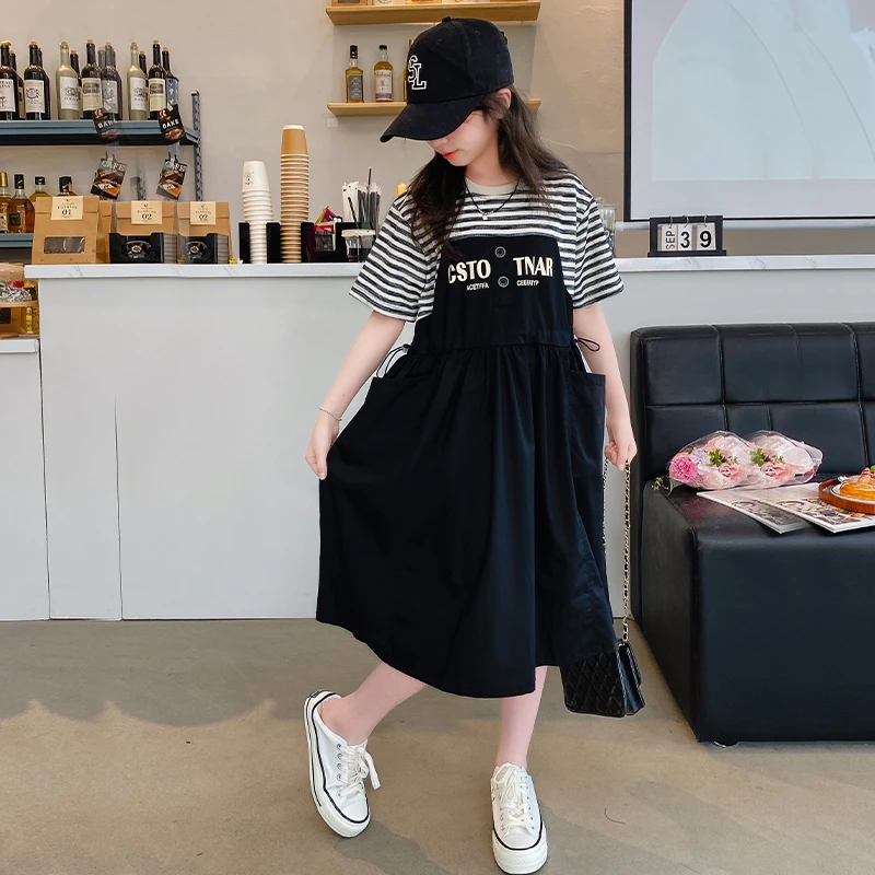 连衣裙显瘦时尚夏季宽松夏装假两件拼接大码中长款条纹韩版裙子潮