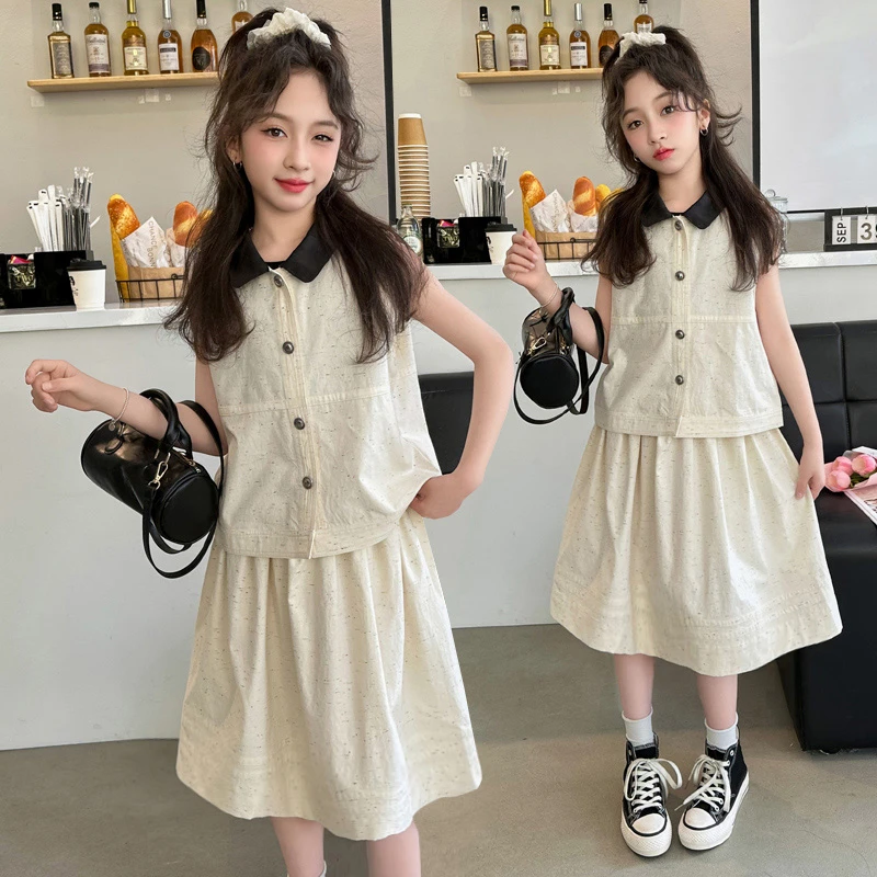 女童夏季套装2024新款时尚洋气彩点棉布中大童气质显瘦甜美学生装