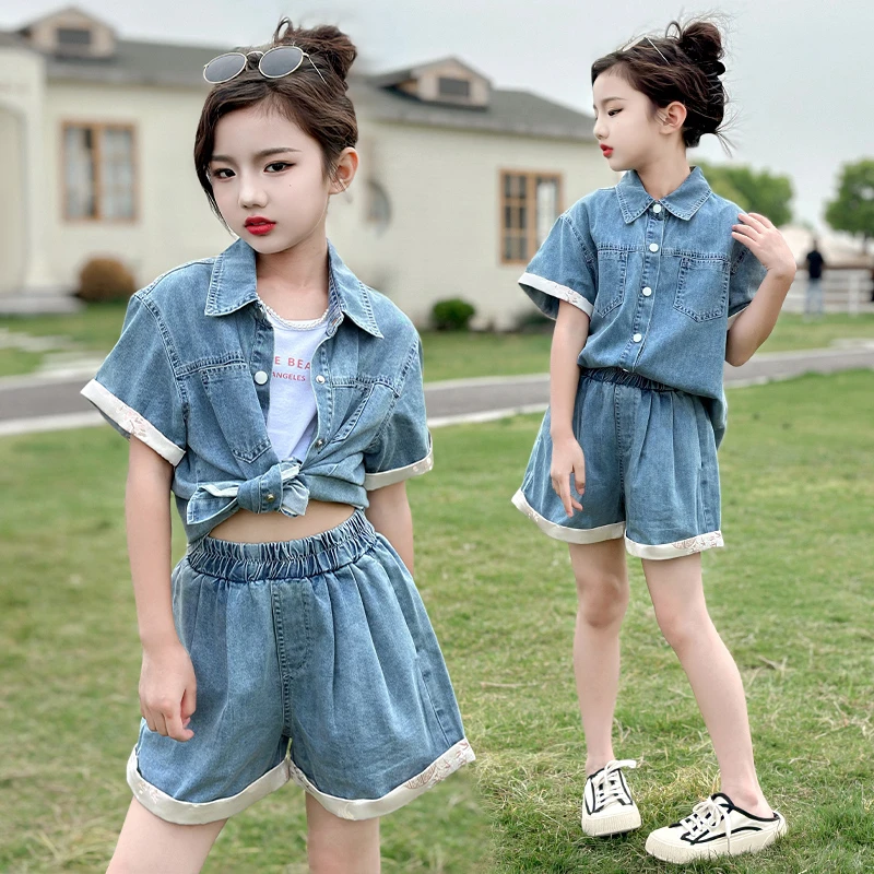 儿童牛仔套装童装女童洋气夏季夏装运动网红时尚休闲女孩中大童潮