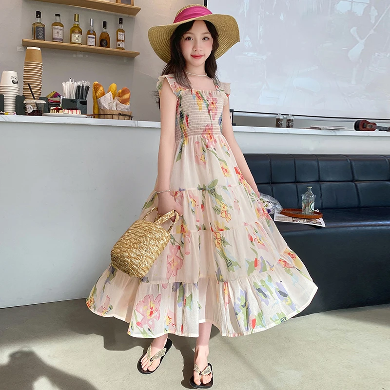 女童连衣裙夏季度假沙滩裙中大童夏装洋气碎花中长款女孩仙女裙子