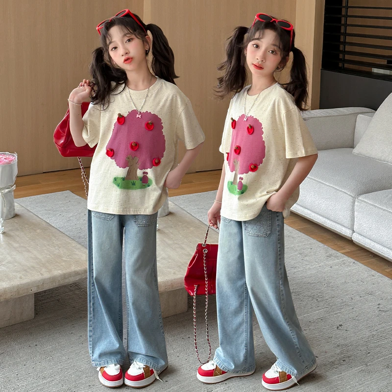 儿童牛仔裤上衣女童洋气夏季阔腿宽松休闲百搭外穿薄款女孩中大童