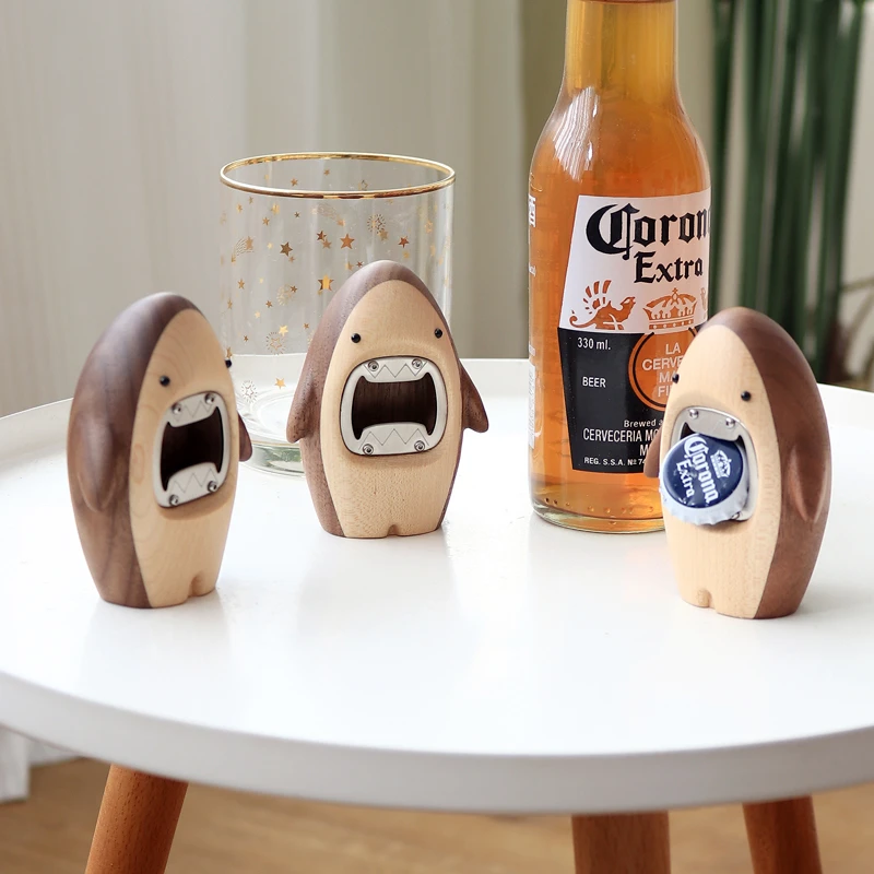 实木鲨鱼开瓶器创意家居黑胡桃木啤酒起瓶器便捷外带木质开盖起子