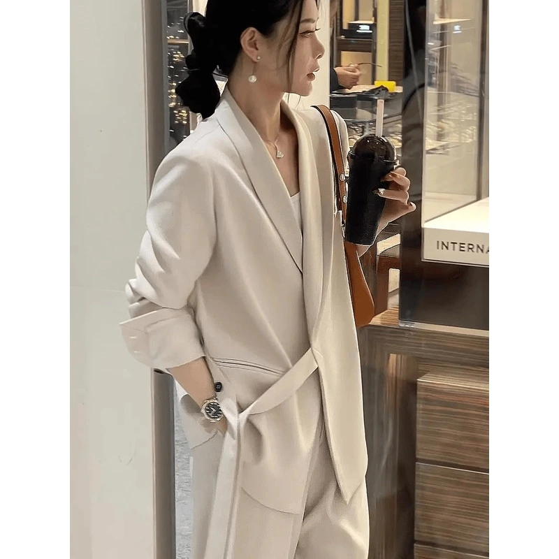 设计感绑带小西装气质阔腿裤两件套女2024春秋新款高级感休闲套装