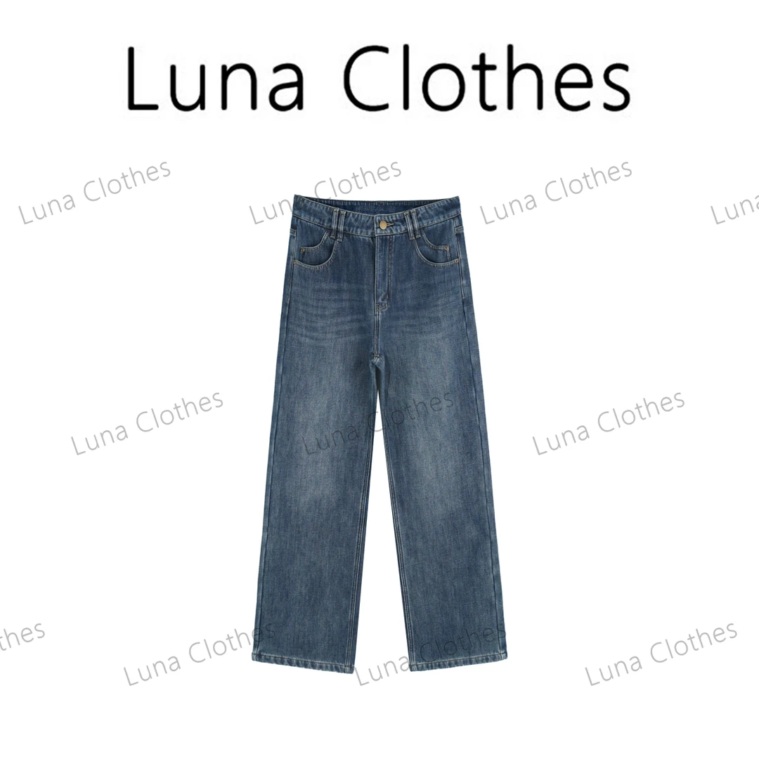 张妍LUNA‘里绒’秋冬新款随性百搭直筒复合细长绒底牛仔裤93111