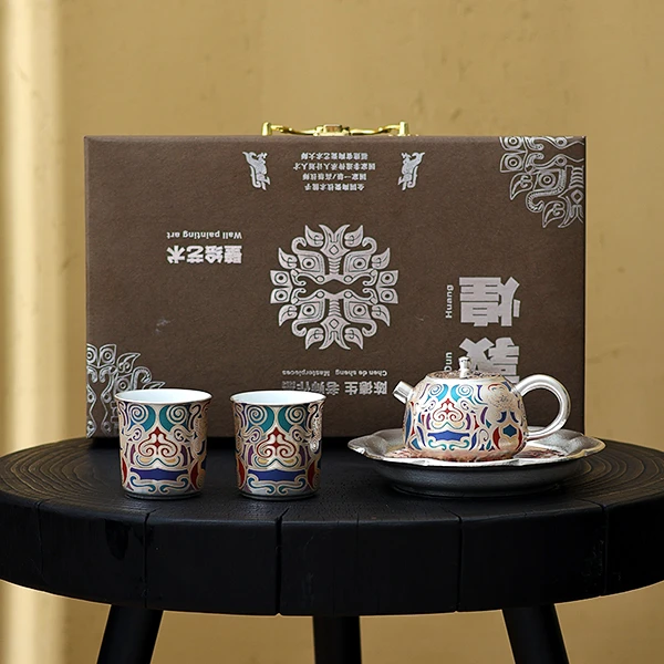 陈德生 手工999瓷胎鎏银敦煌茶具套装家用高档中式功夫茶具礼盒装