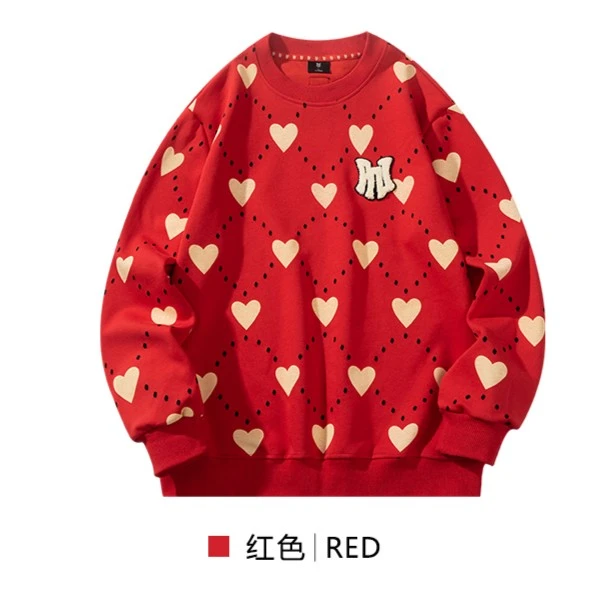 【情侣款】经典潮流满印老花秋冬季时尚印花休闲长袖秋冬卫衣红色