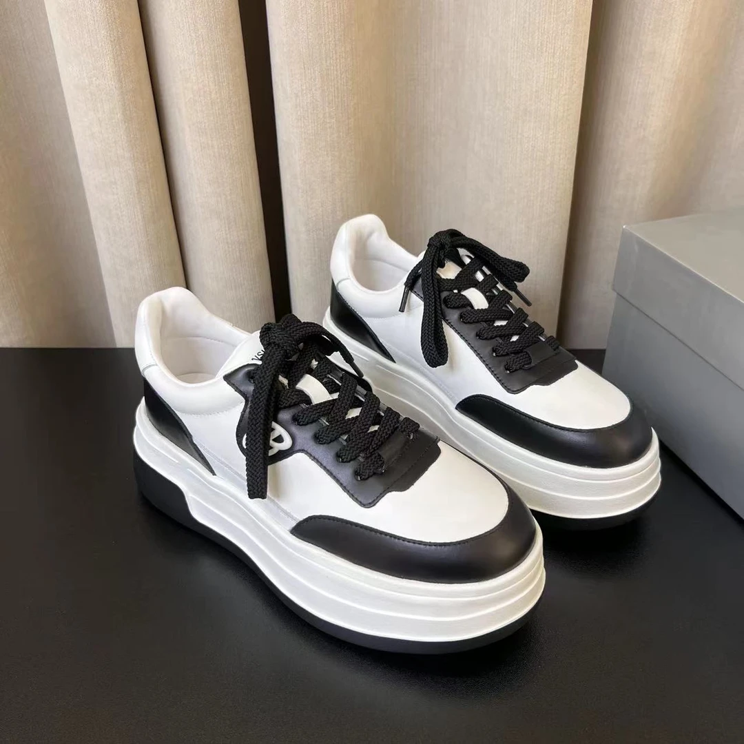 欧货欧洲站2024秋新款真皮女鞋厚底韩版拼色系带百搭休闲运动板鞋