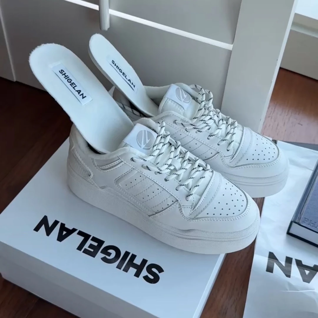 诗歌兰真皮女鞋2024冬新款时尚加绒厚底小白鞋女显瘦系带休闲板鞋