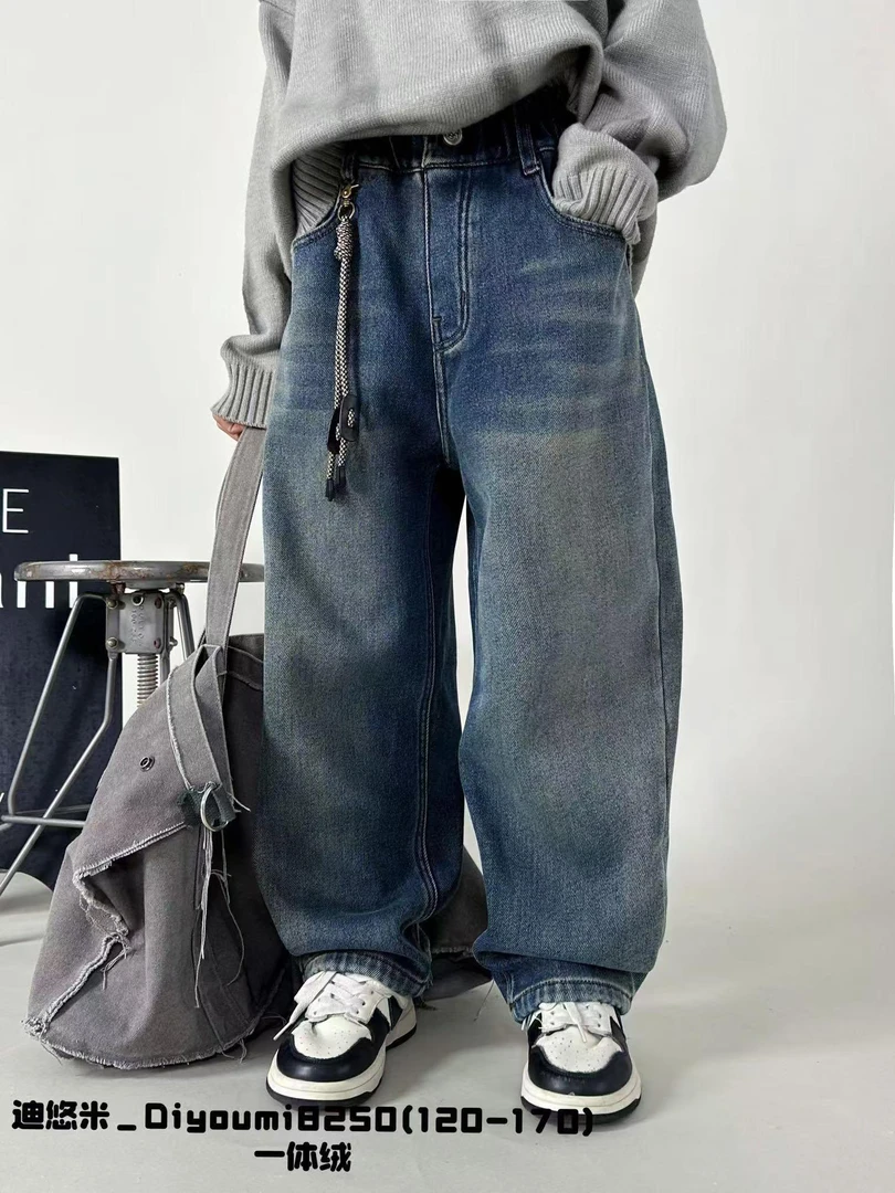 《丁丁优选》8250中大童男女同款一体绒牛仔老爹裤