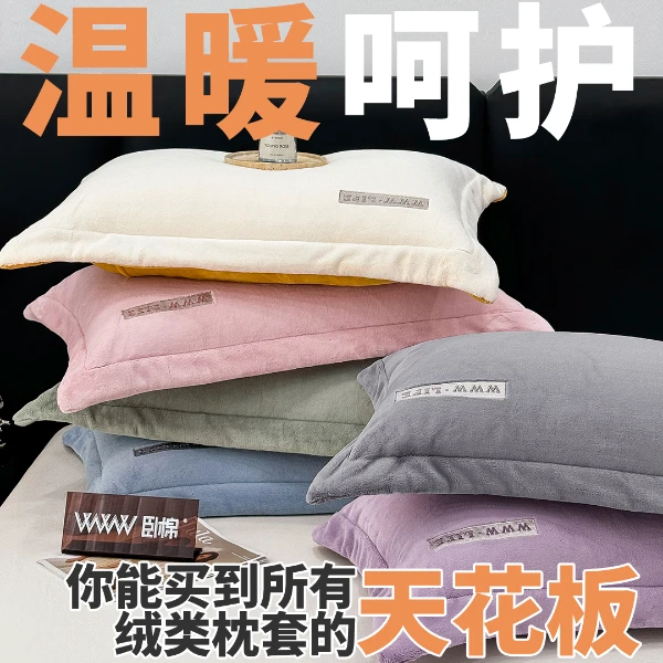 WWW冬季卧棉绒3.0枕套重磅保暖刺绣双面270克牛奶绒家用宿舍对装