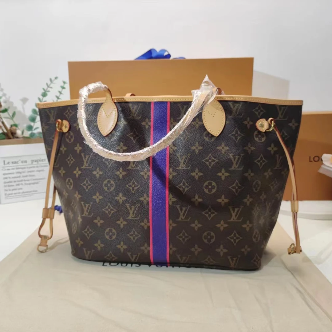 99新 LouisVuitton/路易威登 NF老花neverfull中号时尚蓝粉购物袋