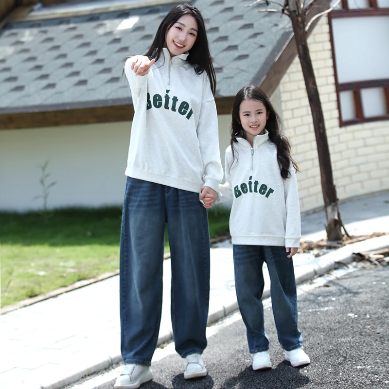 亲子装秋冬一家三口情侣运动休闲洋气立领卫衣母女父子套头卫衣装