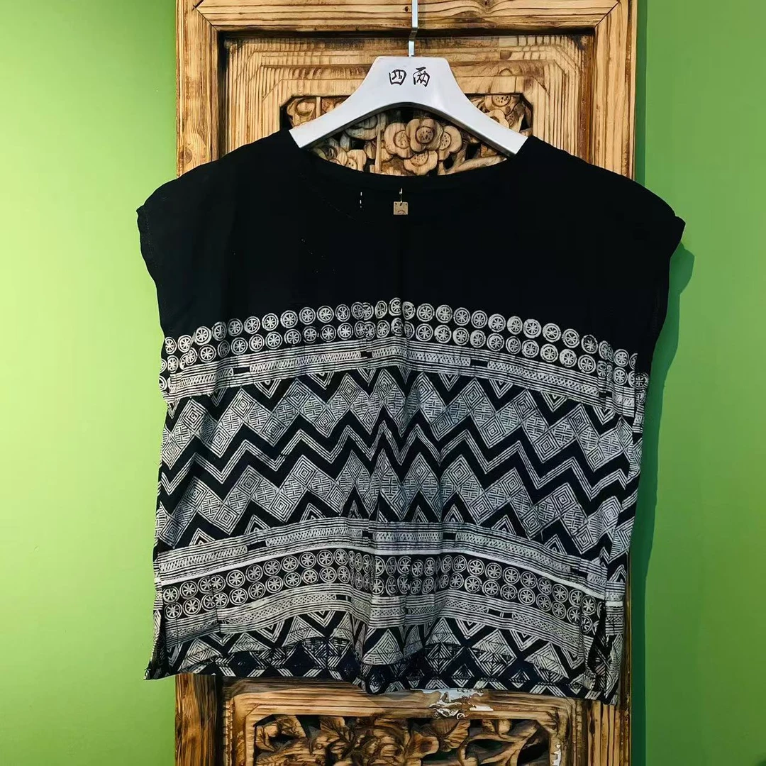 四两民族风土布蜡染休闲无袖上衣